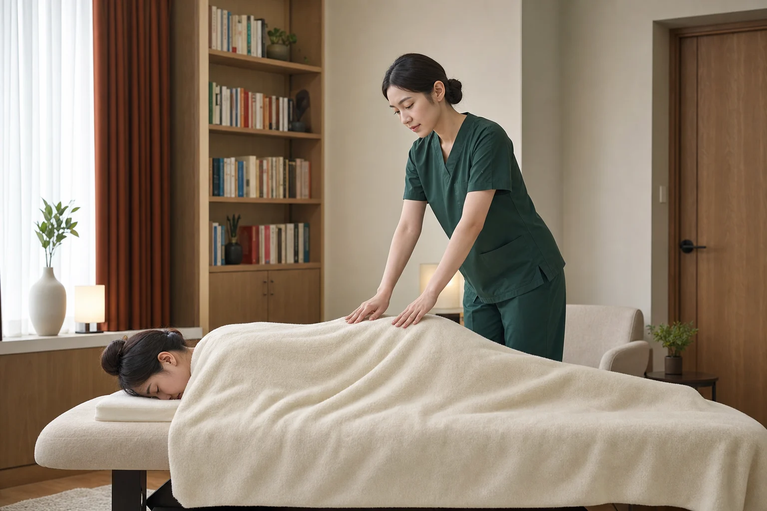 전문 관리복을 입은 20대 한국인 성인 여성 관리사가 불투명 담요로 전신을 가린 20대 한국인 성인 여성 고객을 관리하는 모습