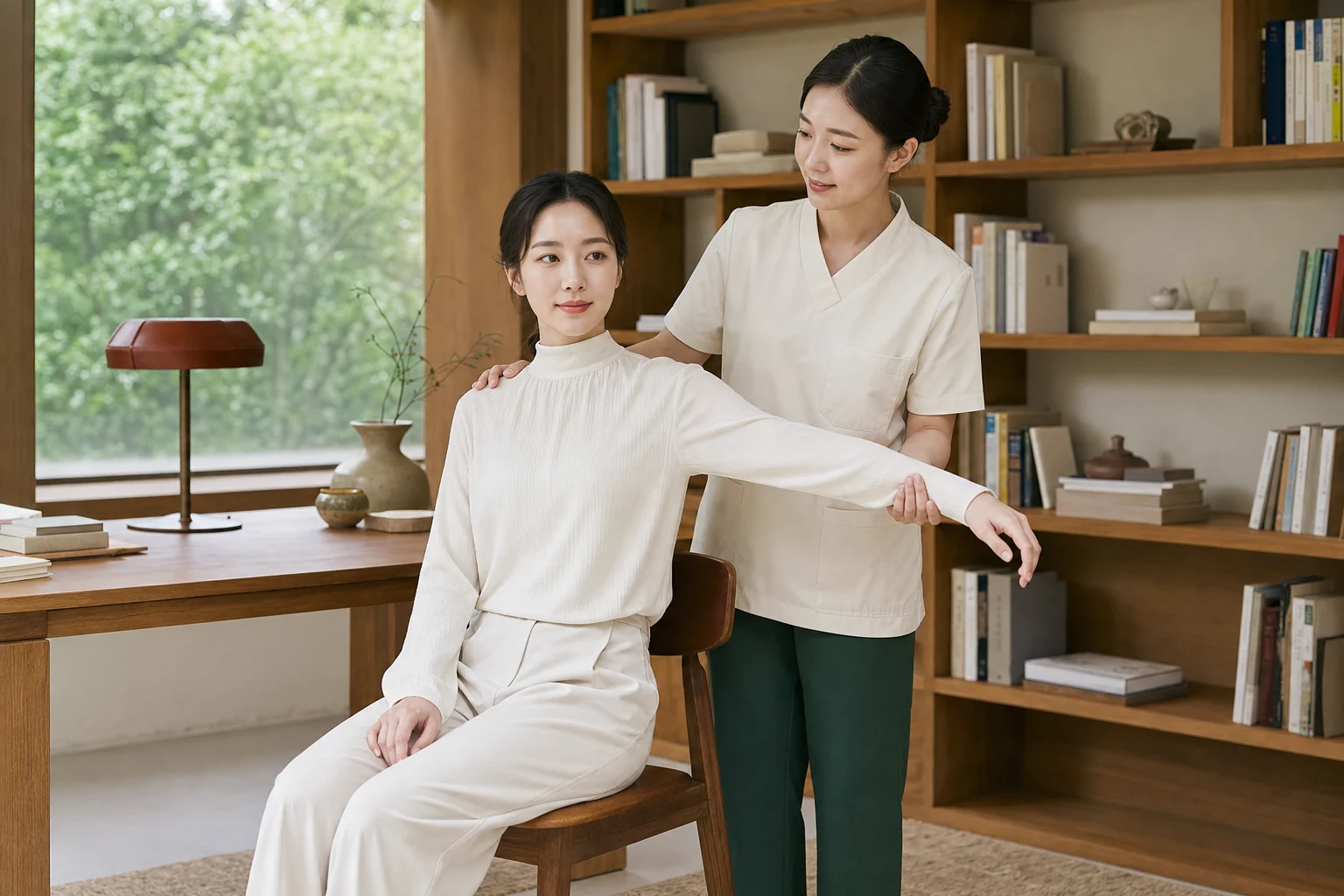 전문 관리복을 입은 20대 한국인 성인 여성 관리사가 완전히 착의한 20대 한국인 성인 여성 고객의 어깨 움직임을 확인하는 모습