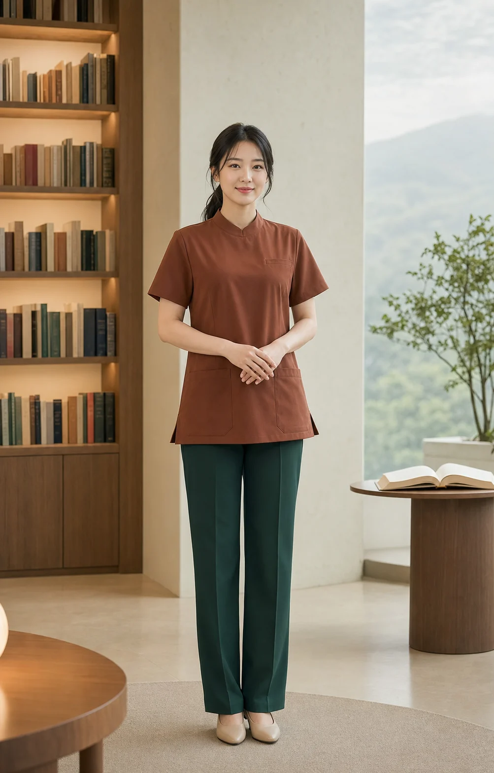 러스트색 전문 관리복과 긴 바지를 입은 20대 한국인 성인 여성 마사지사